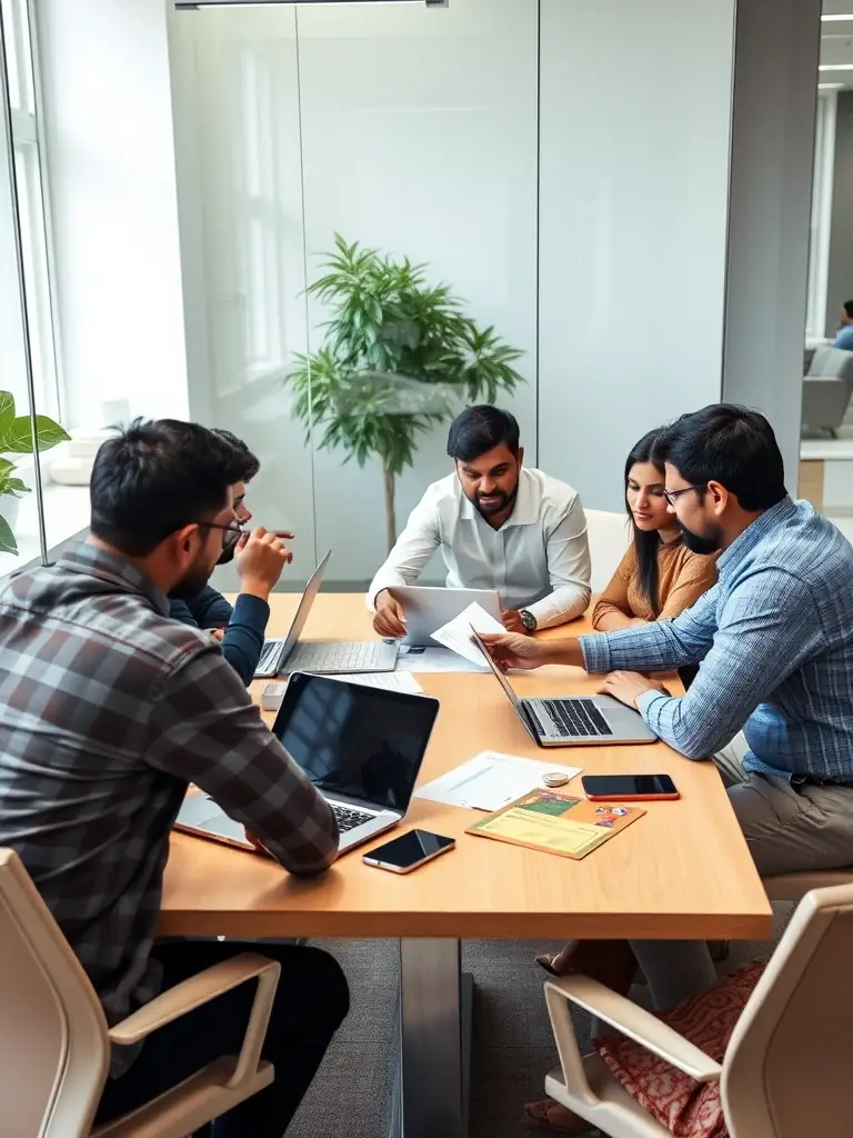 A diverse group of Indian professionals collaborating on a project during a leadership training session, showcasing teamwork and problem-solving.
