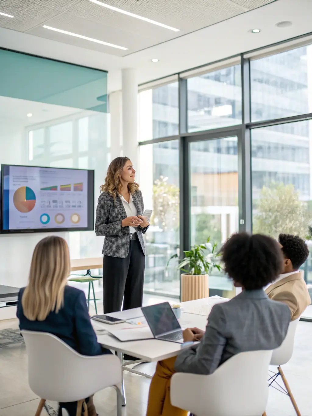 A professional Indian woman confidently presenting a business strategy during a training session, with a focus on clear communication and leadership skills.